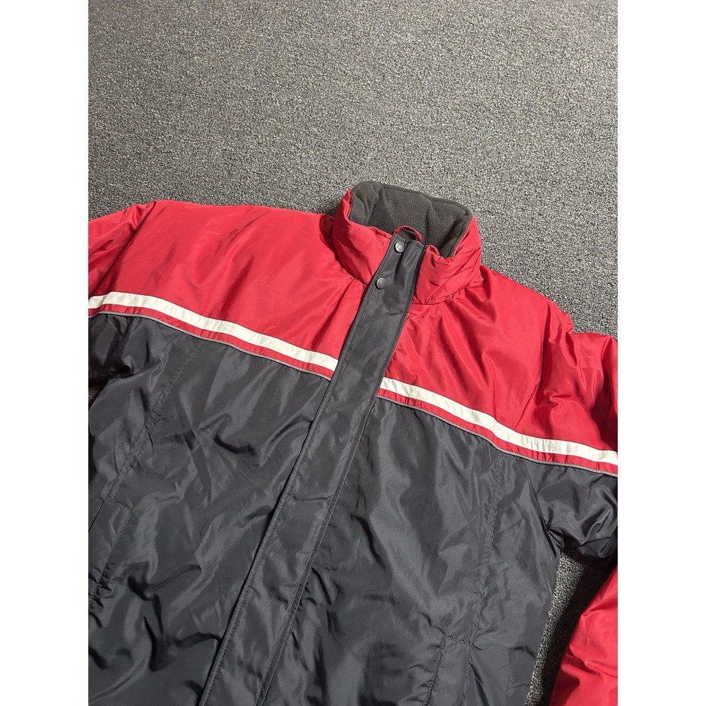 Eddie Bauer Premium Goose Down Jacket Red/Black Mens Size Medium Hooded Stripe